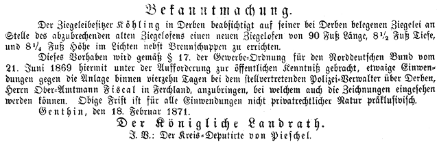 Bekanntmachung: Ziegeleibesitzer Köhling ... Neuer Ziegelofen 1871.