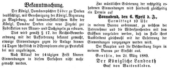 Bekanntmachung Domäne Derben. Domänenpächter Löber, neue Ziegelei 1889.