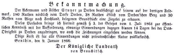 Bekanntmachung Fischer Stutzer zu Derben, eine Ziegelei anzulegen 1866