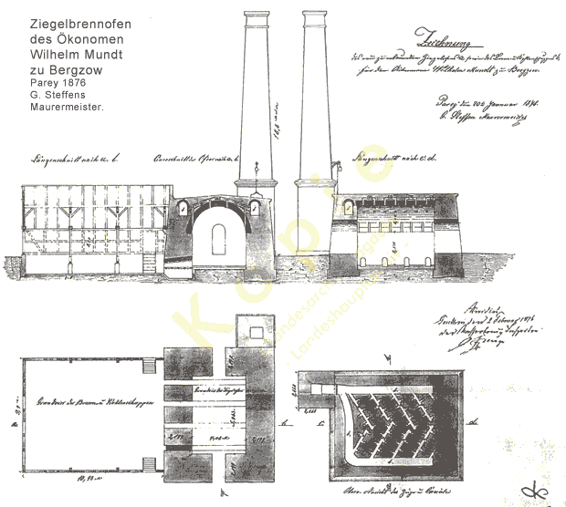 Zeichnung des Brennofens auf der Ziegelei Mundt, 1876.
