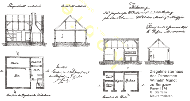 Zeichnung des Ziegelmeisterhauses mit Stallung auf der Ziegelei Mundt, 1876.