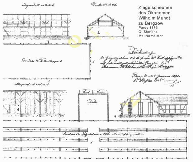 Zeichnung der Ziegelscheunen auf der Ziegelei Mundt, 1876.