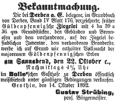 Bekanntmachung: Derben. Verkauf der frher Gldenpfennigschen Ziegelei, 1892.