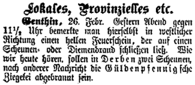 Ausschnitte aus dem Genthiner Wochenblatt von 1892. Gueldenpfennig Ziegelei abgebrannt