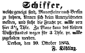 Anzeige F. Köhling - »Schiffer ...« 1865.