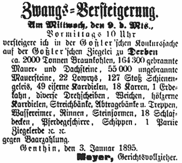 Zwangsversteigerung der Ziegelei Goßler 1895.