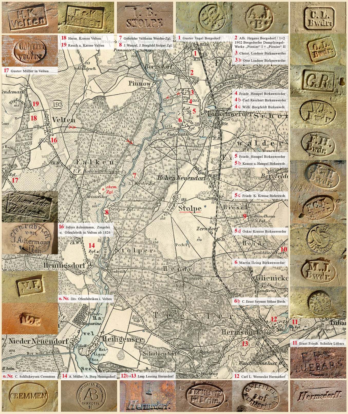 Karte der ZiegeleieKarte Stolpe Uebersicht Ziegeleien der Umgebung Borgsdorf Birkenwerder Hermsdorf Hennigsdorf Velten gross