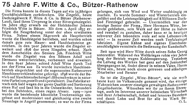 Ziegelei Witte Wrdigung zum 75jhrigen Jubileum 1932