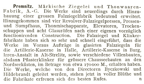 Mitteilung Märkische Ziegelei und Thonwaaren Fabrik Tonindustrie-Zeitung 1899
