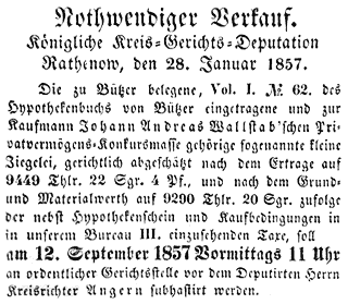 Anzeige Versteigerung Sittig'sche Ziegelei 1857