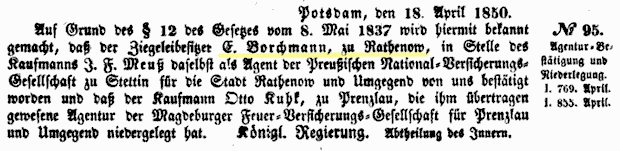 Amtsblatt der Regierung in Potsdam - 1850 Zieegleibesitzer Eduard Borchmann Agent Versicherungsgesellschaft Stettin
