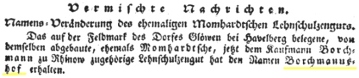 Amtsblatt der Churmrkischen Regierung 1812 Borchmannshof bei Glwen