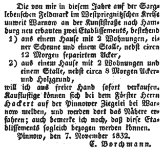 Amtsblatt der Regierung in Potsdam 1832 Hausverkauf Warnow Pinnower Ziegelei