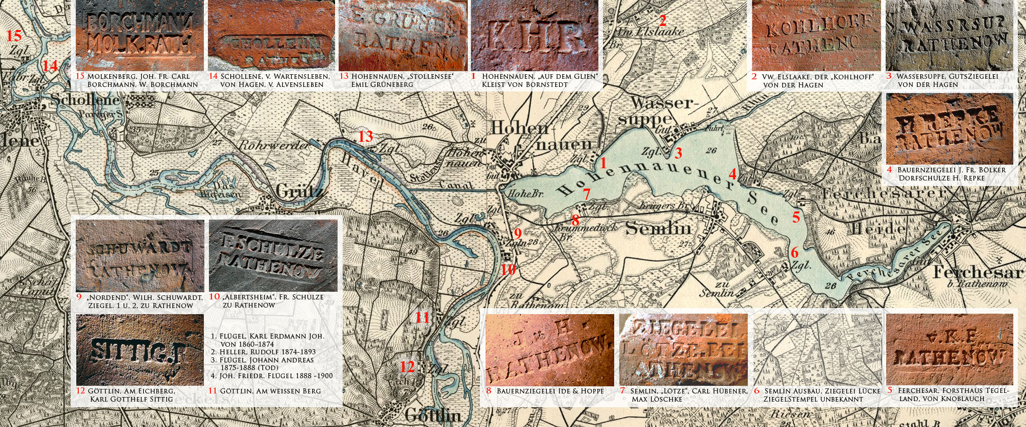 1 Hohennauen Ziegelei auf dem Glien Kleist von Bornstedt - 2 Vorwerk Elslaake Ziegelei Kohlhoff von der Hagen - 3 Wassersuppe Guts-Ziegelei von der Hagen - 4 Bauernziegelei J. Fr. Blker danach Dorfschulze H. Repke - 5 Ferchesar Ziegelei Forsthaus Tegelland von Knoblauch - 6 Semlin Ausbau Ziegelei Lcke - 7 Semlin Ziegelei Ltze-Semlin Carl Hbener danach Max Lschke - 8 Bauernziegelei Hoppe u. Ide - 9 Ziegelei 1 und 2 Nordend-Rathenow Wilh. Schuwardt - 10 Ziegelei Albertsheim-Rathenow Fr. Schulze - 11 Gttlin Ziegelei Am weien Berg Flgel Karl Erdmann Joh. von 1860 bis 1874, Heller Rudolf 1874 bis 1893, Flgel Johann Andreas 1875 bis1888, Joh. Friedr. Flgel 1888 bis 1900 - 12 Gttlin Ziegelei Am Eichberg Karl Gotthelf Sittig - 13 Hohennauen Ziegelei Stollensee Emil Grneberg - 14 Schollene Ziegelei v. Wartensleben danach von Hagen danach v. Alvensleben - 15 Molkenberg Ziegelei Johann Friedrich Carl Borchmann danach Wilhelm Borchmann