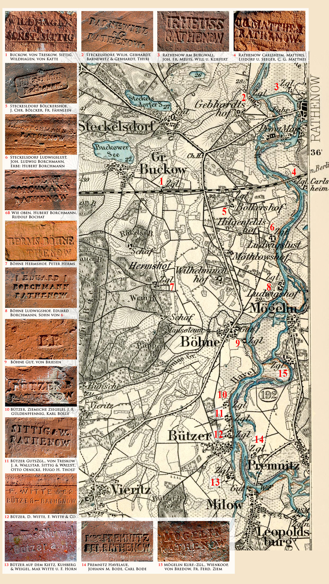 Ziegelei Rathenow Am Burgwall Joh. Friedrich Meu - Ziegelei Steckelsdorf Wilh. Gebhardt, Gebhardt und Barnewitz, Thyri - Ziegelei Steckesldorf-Blckershof Friedrich Fhnlein - Ziegelei Buckow von Treskow, Sittig, Wildhagen, von Katte - Ziegelei Steckelsdorf-Ludwigslust Joh. Ludwig Borchmann, Hubert Borchmann - Ziegelei Bhne-Hermshof, Peter Herms - Ziegelei Bhne-Ludwigshof Eduard Theodor Borchmann - Ziegelei Bhne Gutsziegelei von Briesen - Ziegelei Btzer Ziemsche Ziegelei, J. F. Gldenpfennig - Ziegelei Btzer  J. F. Gldenpfennig, Sittig, Sittig und Sohn, D. Witte, O. Oenicke, L. Oenicke - Ziegelei Btzer Gutsziegelei von Treskow, Gemeinde Btzer, J. A. Wallstab, Fam. Witte - Ziegelei Btzer auf dem Kietz Kuhberg und Weigel, Weigel und Stackebrandt - Ziegelei Premnitz-Havelaue Johann Martin Bode, Carl Bode - Ziegelei Mgelin Kurfrstliche Ziegelei Wienkoop, von Bredow, Friedrich Ferdinand Ziem - Ziegelei Rathenow-Carlsheim, Lisdorf, Seeger und Matthes, C. G. Matthes