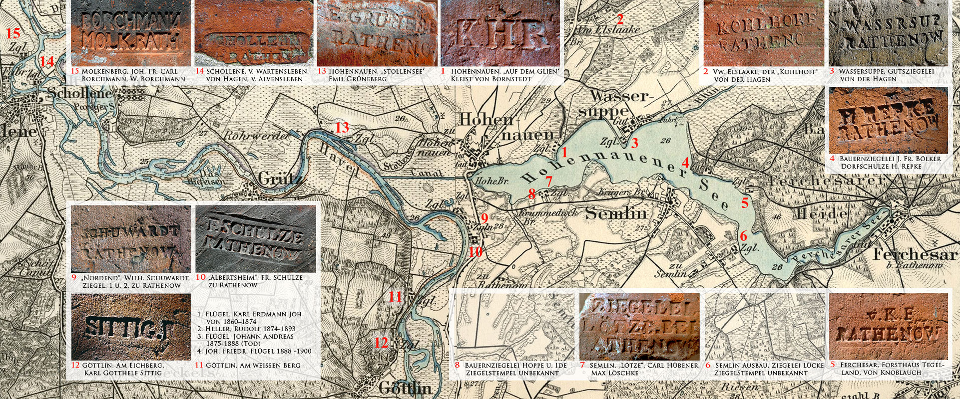 1 Hohennauen Ziegelei auf dem Glien Kleist von Bornstedt - 2 Vorwerk Elslaake Ziegelei Kohlhoff von der Hagen - 3 Wassersuppe Guts-Ziegelei von der Hagen - 4 Bauernziegelei J. Fr. Blker danach Dorfschulze H. Repke - 5 Ferchesar Ziegelei Forsthaus Tegelland von Knoblauch - 6 Semlin Ausbau Ziegelei Lcke - 7 Semlin Ziegelei Ltze-Semlin Carl Hbener danach Max Lschke - 8 Bauernziegelei Hoppe u. Ide - 9 Ziegelei 1 und 2 Nordend-Rathenow Wilh. Schuwardt - 10 Ziegelei Albertsheim-Rathenow Fr. Schulze - 11 Gttlin Ziegelei Am weien Berg Flgel Karl Erdmann Joh. von 1860 bis 1874, Heller Rudolf 1874 bis 1893, Flgel Johann Andreas 1875 bis1888, Joh. Friedr. Flgel 1888 bis 1900 - 12 Gttlin Ziegelei Am Eichberg Karl Gotthelf Sittig - 13 Hohennauen Ziegelei Stollensee Emil Grneberg - 14 Schollene Ziegelei v. Wartensleben danach von Hagen danach v. Alvensleben - 15 
Molkenberg Ziegelei Johann Friedrich Carl Borchmann danach Wilhelm Borchmann